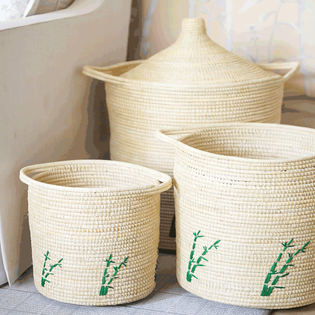 Bamboo Embroidered Waste Basket