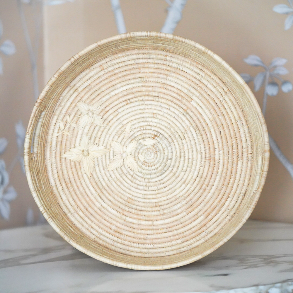 Embroidered Raffia Tray- Round