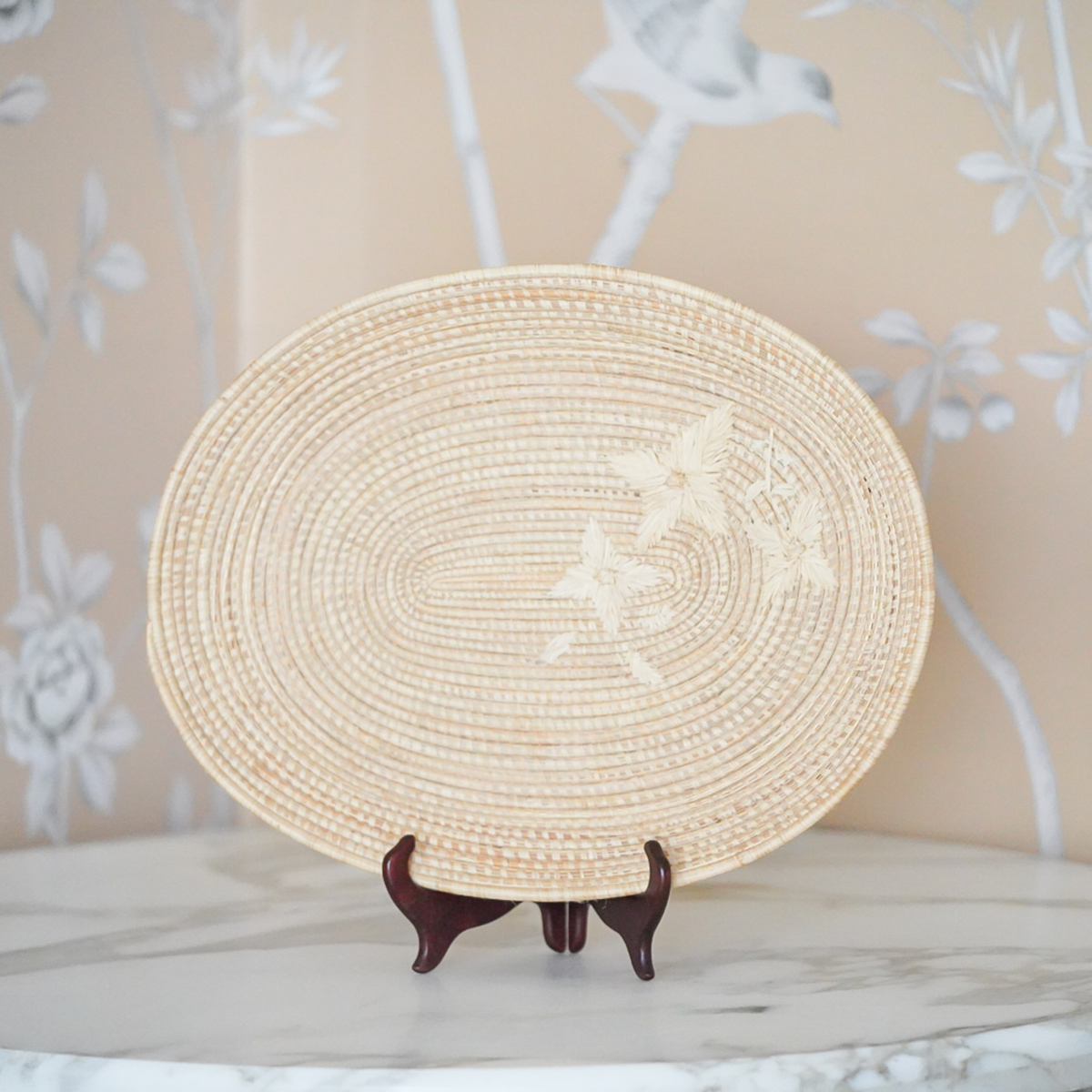 Embroidered Raffia Tray- Oval